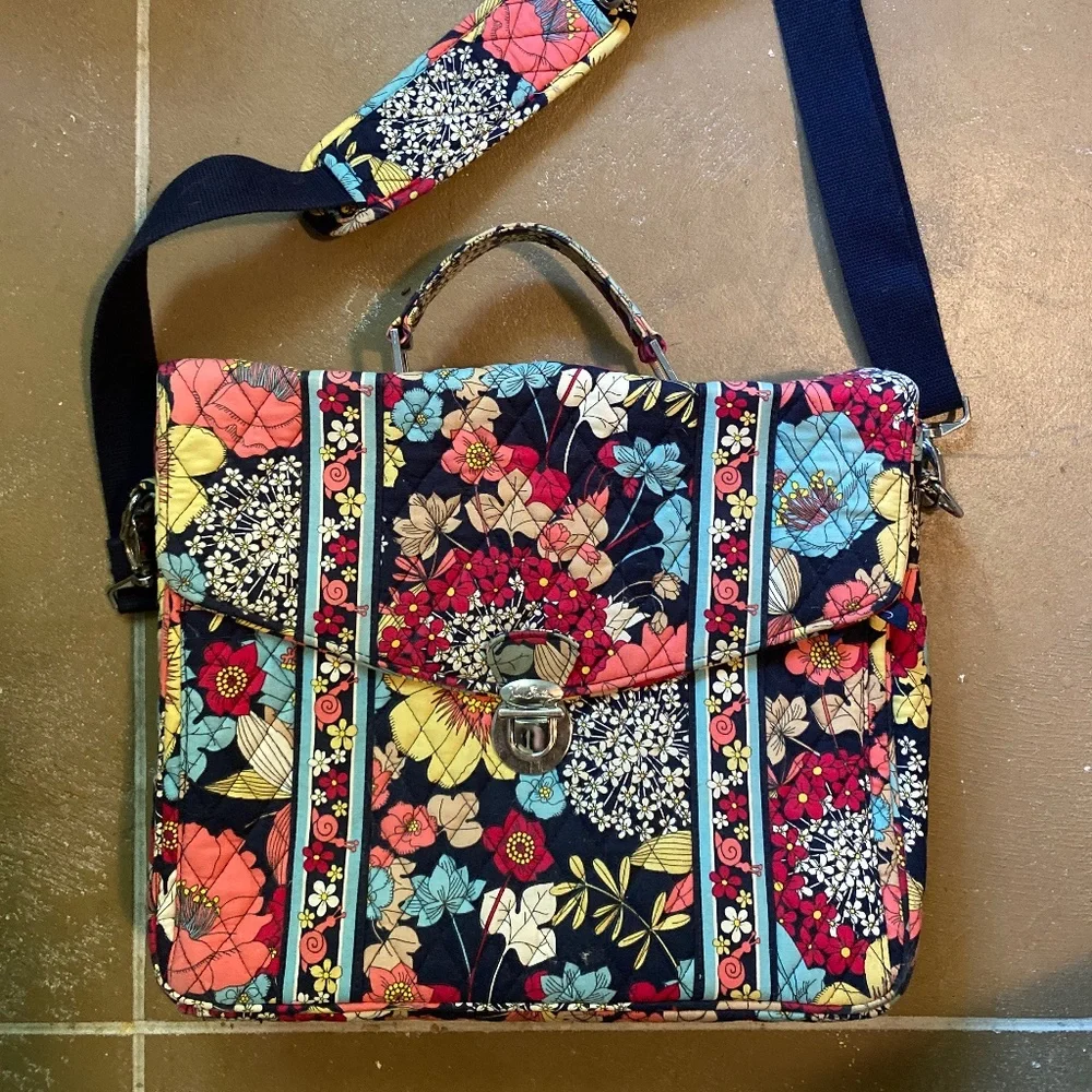 Vera Bradley Quilted Floral Laptop Satchel in Navy, Pink, Yellow, Blue